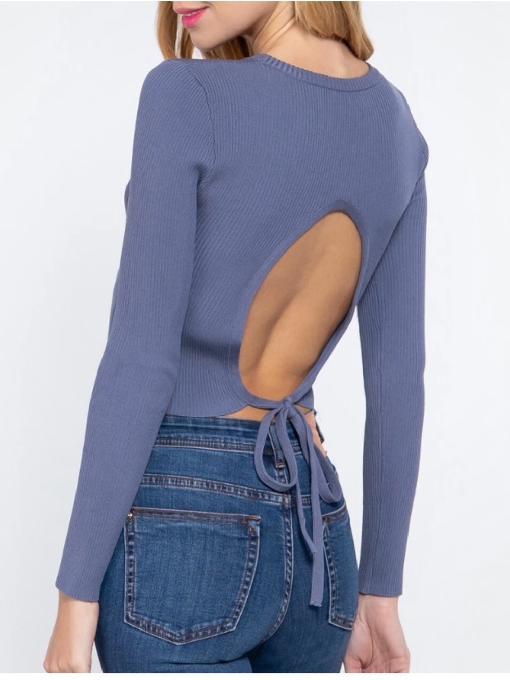 Long SIv Open Back self-tie rib-knit long-sleeve top size M . New without tags.